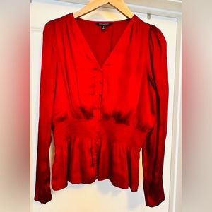 Banana Republic Red Satin Long Sleeve Peplum Top